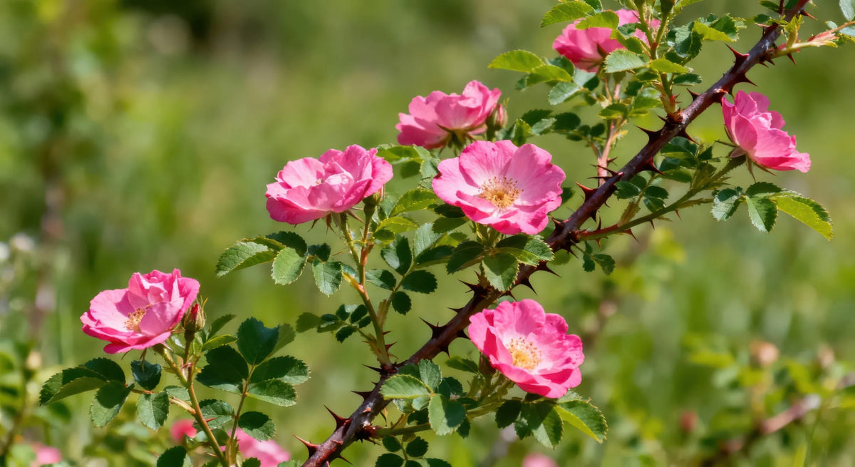 Alignement de plusieurs fleurs roses d'églantier sauvage (Rosa canina) en pleine floraison le long d'une branche recouverte d'épines pointues. Image