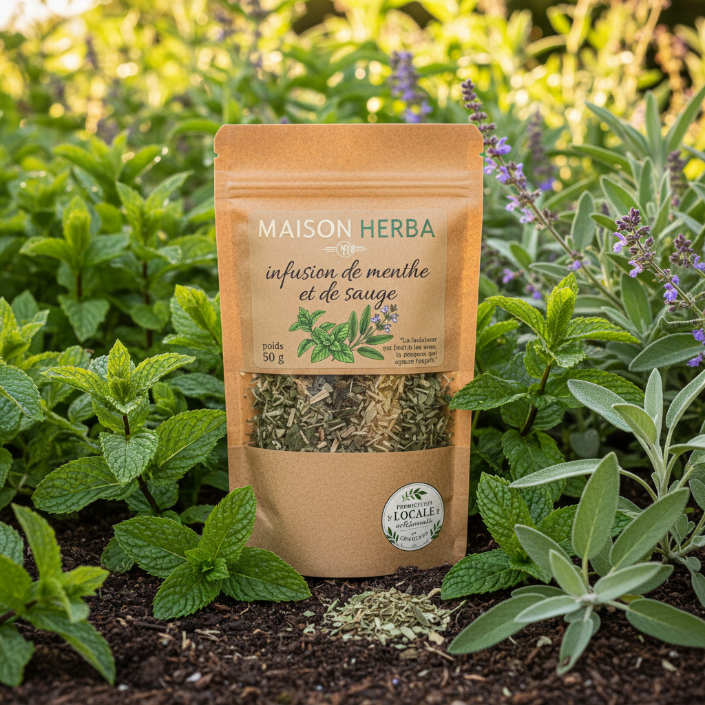 Sachet artisanal Maison Herba infusion menthe et sauge 50g, production locale en Charente, entouré de plantes fraîches dans un cadre naturel. Image