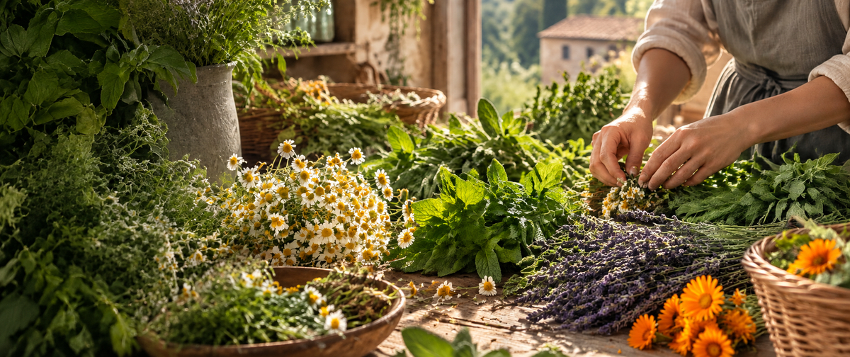 Préparation artisanale de plantes aromatiques et médicinales sur une table en bois avec camomille, menthe, lavande et calendula