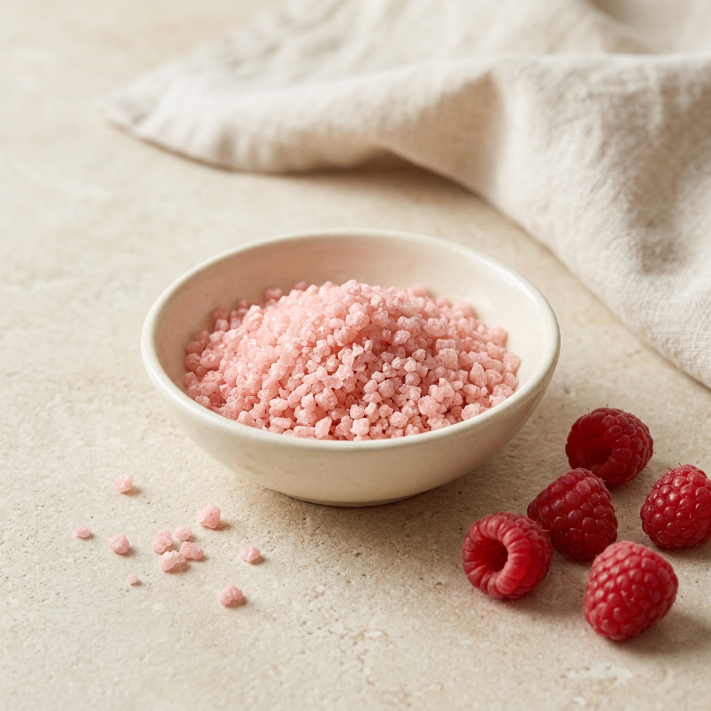 Sucre aromatisé à la framboise dans une coupelle, accompagné de framboises.