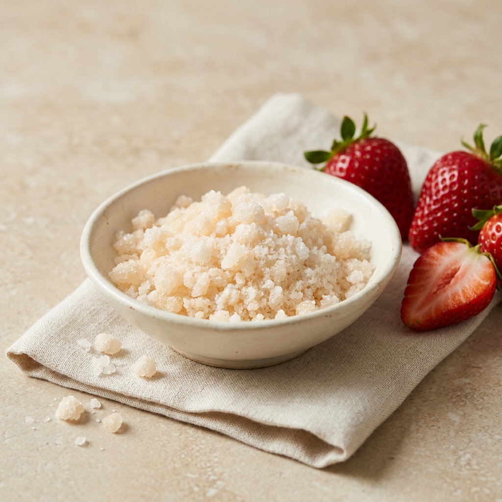 Sucre aromatisé à la fraise dans une coupelle, accompagné de fraises fraîches.
