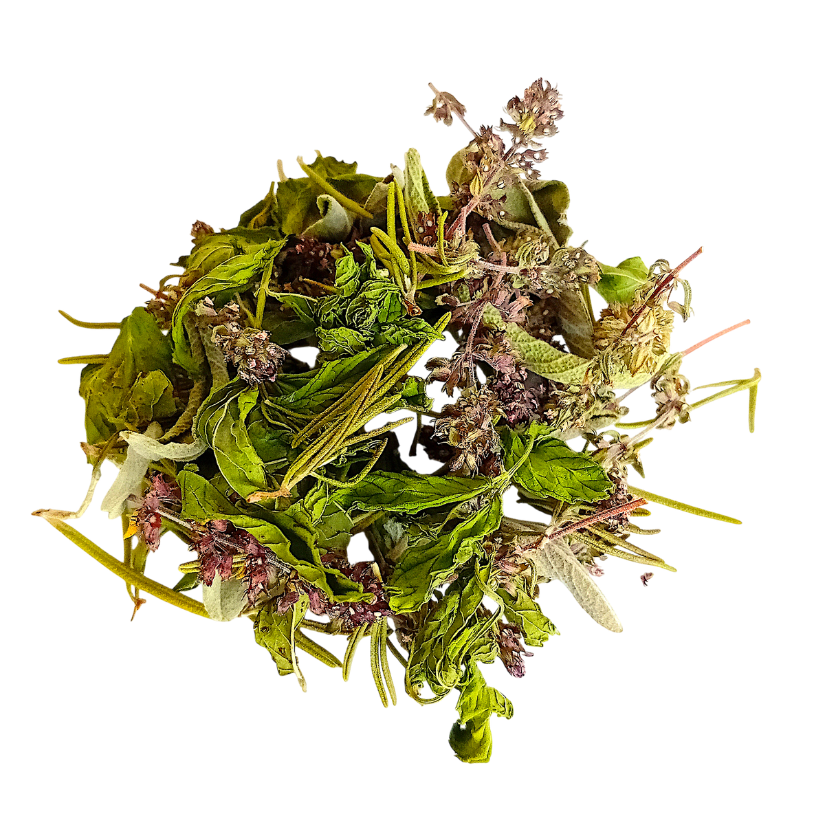 Tisane artisanale Éveil des Jardins à la menthe, romarin, sauge et fleurs de thym, cultivées en Charente par Maison Herba