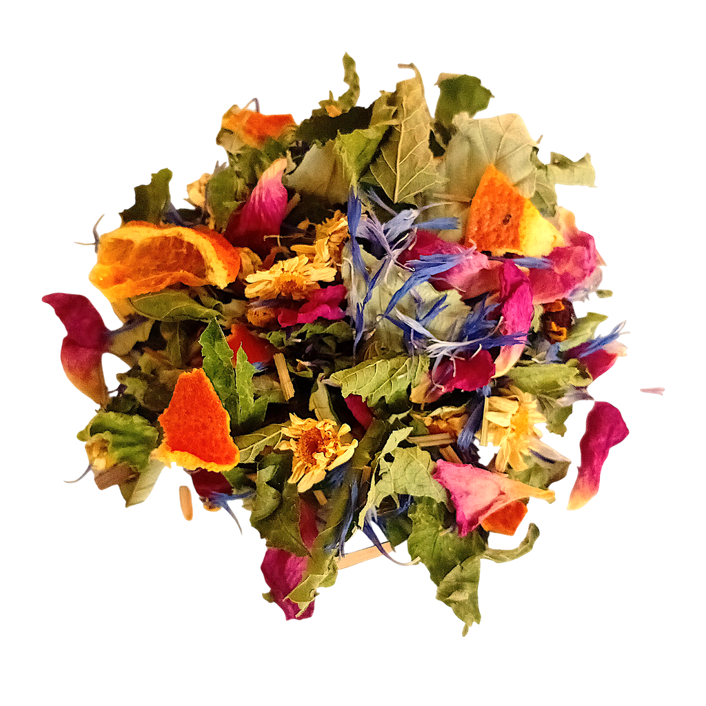 Tisane artisanale Harmonie aux agrumes, mélisse, camomille et pétales de rose, créée en Charente par Maison Herba