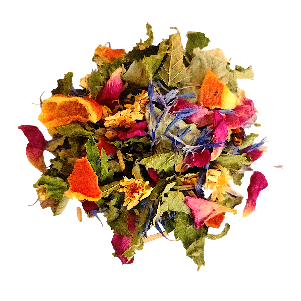 Tisane artisanale Harmonie aux agrumes, mélisse, camomille et pétales de rose, créée en Charente par Maison Herba