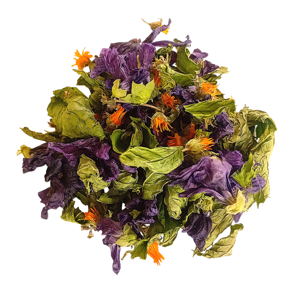 Tisane artisanale Respir'Nature à la menthe, thym et fleurs de mauve, préparée en Charente par Maison Herba